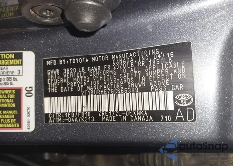 2016 Toyota Corolla Le from USA, damaged, VIN 2T1BURHE7GC666399